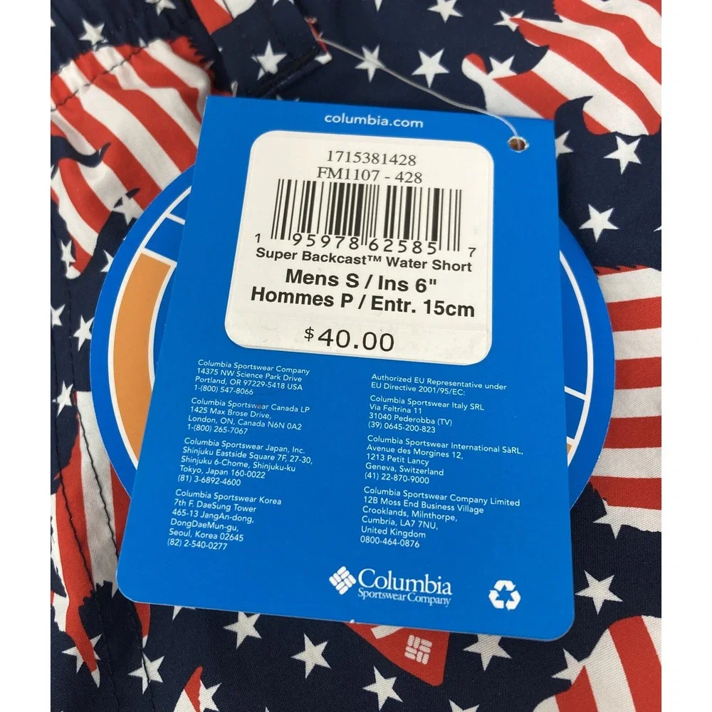 Columbia PFG Super Backcast Water‎ Shorts Patriotic Fish Pattern Men's Small NWT